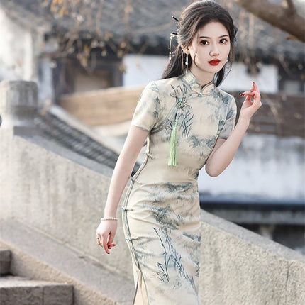 Long Cheongsam Chinese Style Slim Fit Eight Buttons Ink Painting Dress Colourful
