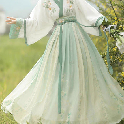 Hanbok Women One Piece Green Flounce Skirt Set Traditional Chinese Style Dress