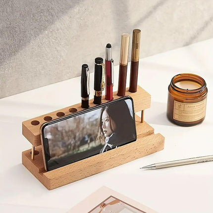 Wooden Desktop Organizer Knife Storage Rack Mobile Phone Stand Stationery Holder