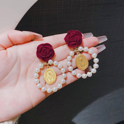 Elegant Velvet Rose Flower Earrings for Women Winter Autumn Fashion Jewelry