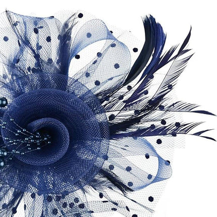 Blue Vintage Bridal Headdress Feather Flower Mesh Hair Accessories for Cheongsam