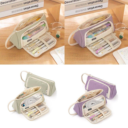 Large Capacity Twill Pencil Bag Multi Layer Stationery Storage Simple Colour