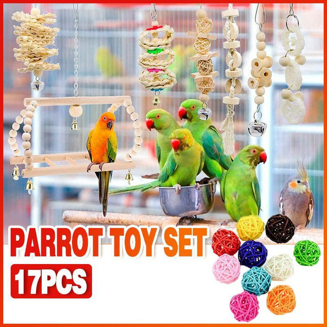 17PCS Bird Toys Parrot Swing Toys Chewing Hanging Bell Cockatiel Cage Toy Set - Aimall