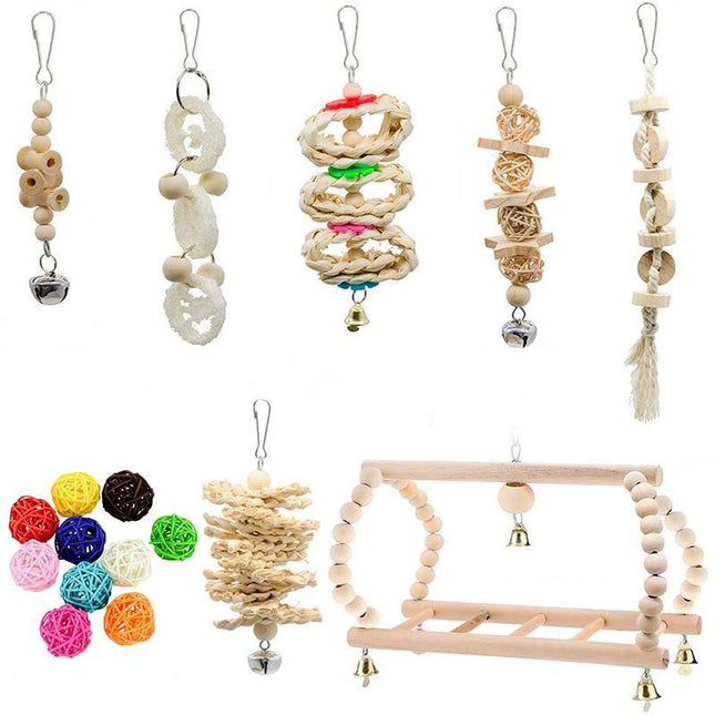 17PCS Bird Toys Parrot Swing Toys Chewing Hanging Bell Cockatiel Cage Toy Set - Aimall