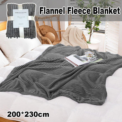Grey Flannel Stripe Blanket Nap Lounge Throw For Sofa Cover Warm Bed Blanket