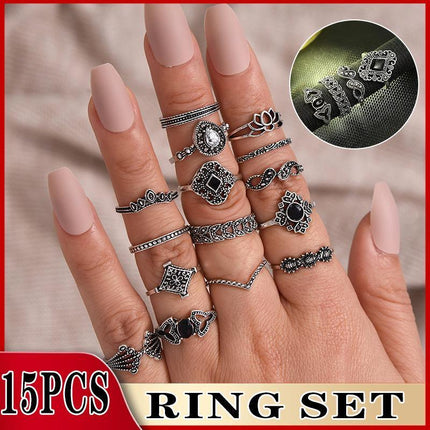 Elegant 15-Piece Boho Vintage Crystal Knuckle Ring Set Display