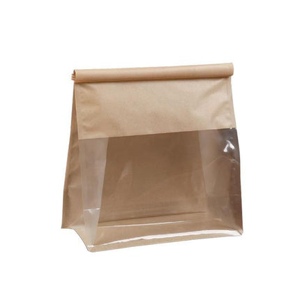 100x Kraft Paper Flat Bottom Cake Packaging Toast Bread Bags With Window Cowhide - Aimall