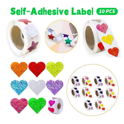 10PCS Self-Adhesive Star Heart Stickers 500/Roll Reward Chart Decoration Labels