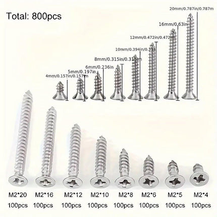 800Pcs M2 Kit Assorted  Self Tapping Screw Cross Flat Head