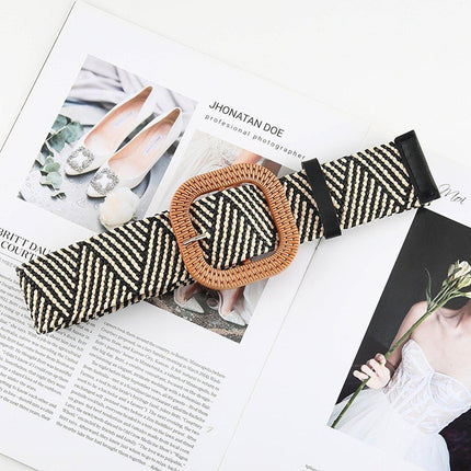 4PCS Womens Woven Cotton Linen Belt Set Round Square Buckle Long Shirt Dress