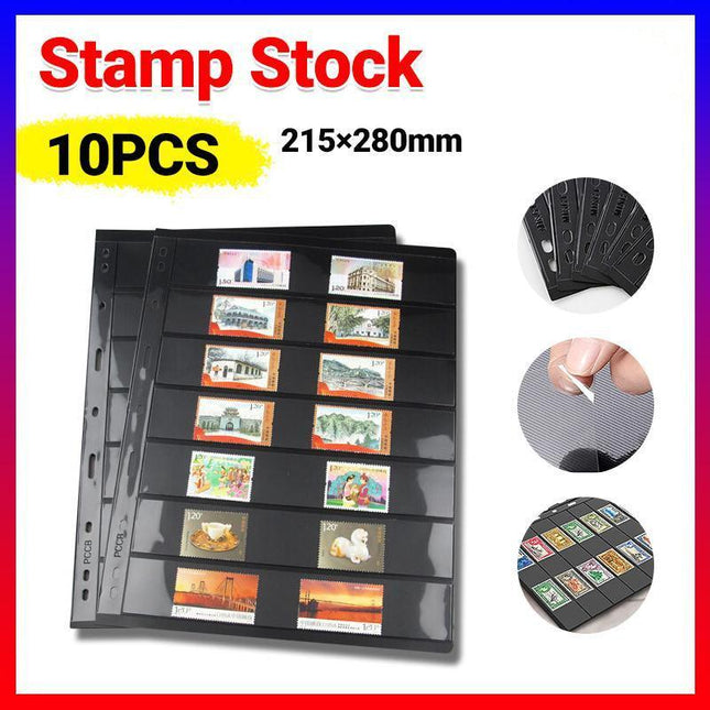 10 Sheet of Stamp Stock Black &amp Double Sided Page 7Strips &amp 9 Binder Holes - Aimall
