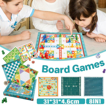 8-in-1 Board Game Set Chess Games Board Toy Backgammon Checkers Snakes Ladders - Aimall