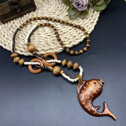 Long Wood Necklace with Fish Pendant Unique Fashion Jewelry Ornament