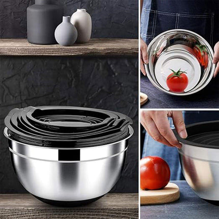 5PCS Stainless Steel Mixing Bowl Set with Black Dust Cover for Cooking Baking