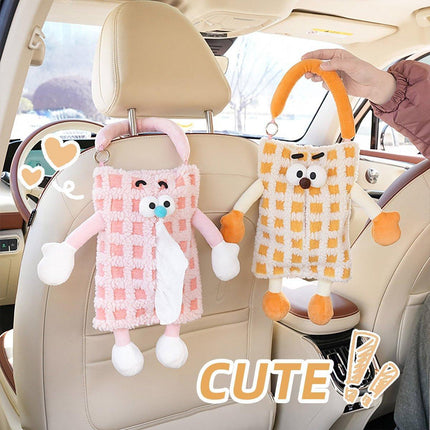 Plush Car Tissue Box Striped Plaid Seatback Hanging Tissue Holder Drawer Design
