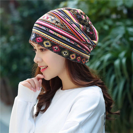 Ethnic Style Cotton Flower Stripe Pullover Cap Dual Purpose Turban Hat for Women