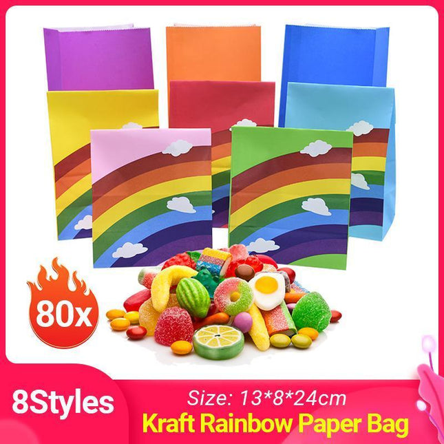 80PCS Kraft Paper Party Bag Seal Birthday Favor Kids  Rainbow Candy paper bags Aimall