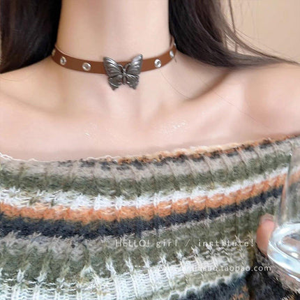 Elegant Brown Leather Butterfly Necklace with Adjustable Strap Stylish Gift