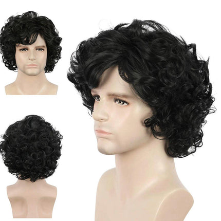 Mens Short Curly Hair Wig Black Natural Looking Hairpiece for Daily Costume Use
