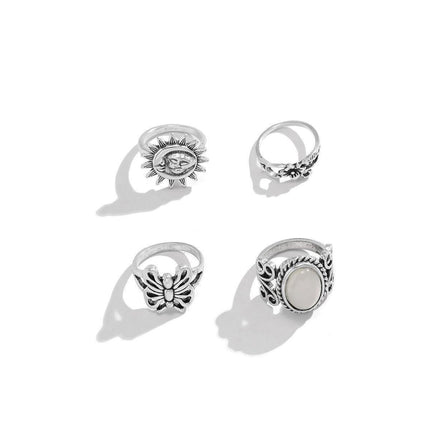 4pcs Butterfly Gem Ring Set Retro Sun Relief Rings Women Fashion Jewelry