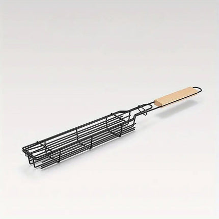 4PCS Outdoor BBQ Grill Basket Wooden Handle Sausage Hot Dog Corn Grilling Net