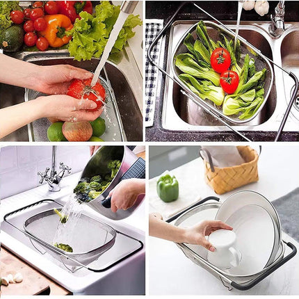 Stainless Steel Dishwashing Basket Telescopic Fruit Drain Basket Kitchen Shelf