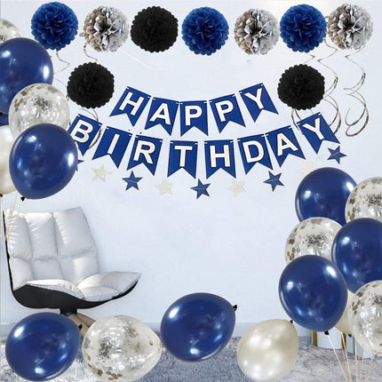 47pcs Blue Birthday Banner Balloon Set Party Decoration Blue Silver Paper Flower