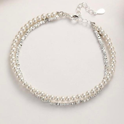 Double Layered Pearl Necklace Bracelet Set Silver Jewelry Women Fashion