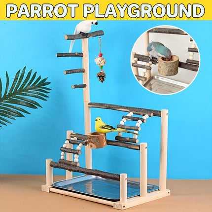 Wooden Parrot Stand Pole Interactive Bird Stand with Food Bowl Climbing Ladder