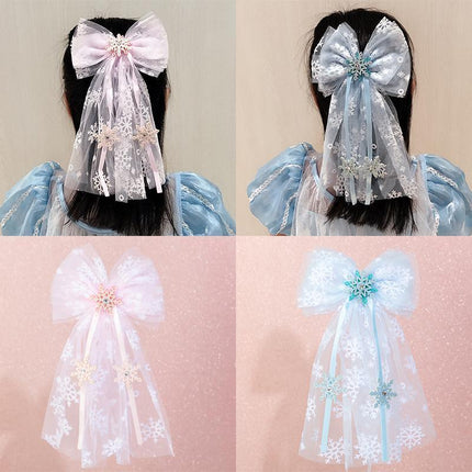 Girls Snowflake Hair Clip Tulle Veil Bow Barrettes Christmas Hairband Gift Party - Aimall