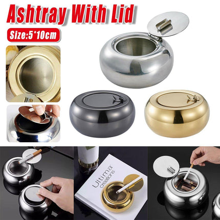 Stainless Steel Ashtray with Cover Smokeless Drum Design Windproof Ash Tray