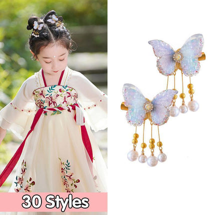2Pcs Hanfu Flower Hair Clip Pearl Tassel Butterfly Hairpin Female/Children Party - Aimall