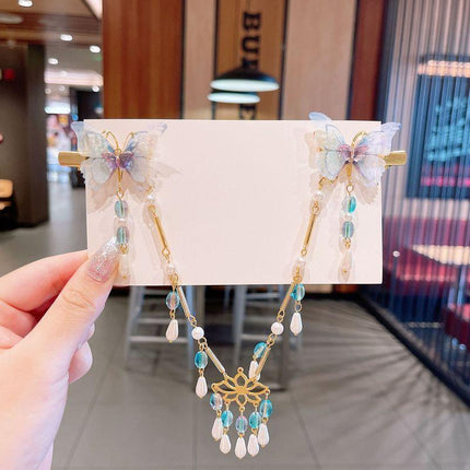 2Pcs Hanfu Flower Hair Clip Pearl Tassel Butterfly Hairpin Female/Children Party - Aimall