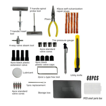 68PCS Tyre Puncture Repair Recovery Kit Heavy Duty 4WD Offroad Plugs Tubeless