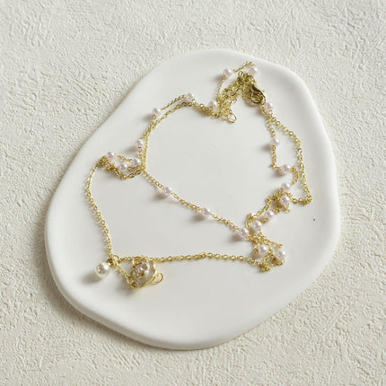 Gold Pearl Camellia Long Tassel Necklace Elegant Airy Jewelry for Women Gift