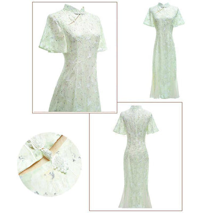 Chinese Traditional Cheongsam Women Lace Embroidered Qipao Evening Dress - Aimall