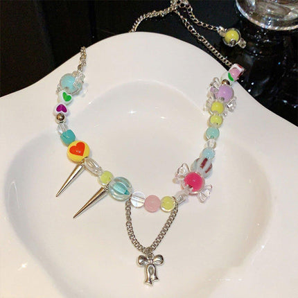 Cute Candy Heart Colourful Beaded Necklace Women Girls Trendy Fashion