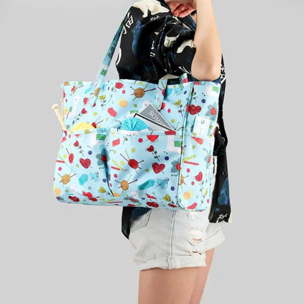Crochet Yarn Storage Bag Blue Oxford Fabric Knitting Organizer Tote for Crafts
