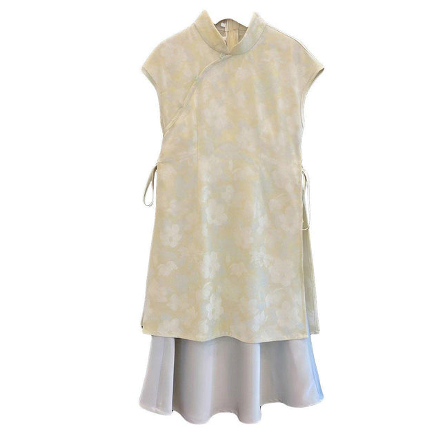 Elegant Summer Girl Floral Cheongsam Dresses Long Slimming Sleeveless Dress Set