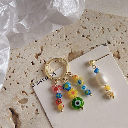 Vintage Asymmetrical Earrings Handmade Floral Glass and Pearl Drop Design for Women