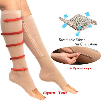 Zip Sox Compression Socks Zipper Leg Support Knee Open Toe Shaper Stockings Beige - Aimall