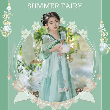 Chinese Style Green Hanfu Dress for Girls Summer Outfit Traditional Fashion