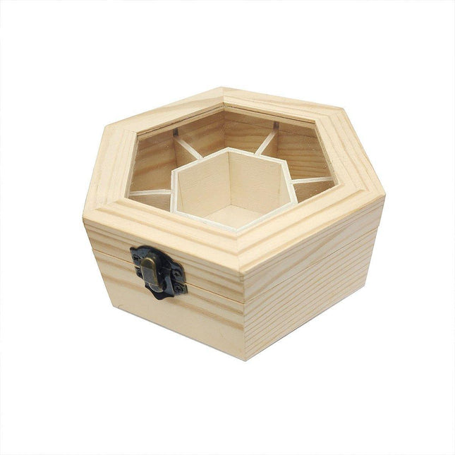 Hexagonal Seven Jewelry Compartment Wooden Organizer Desktop Finishing Box