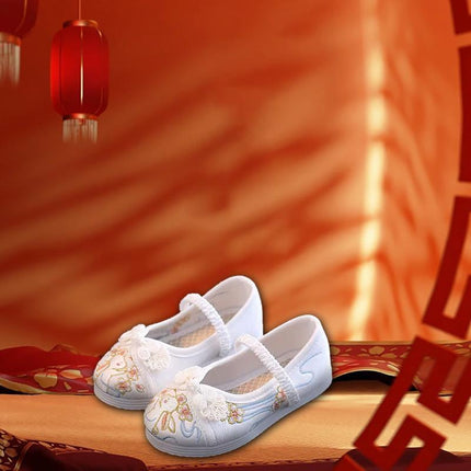White Chinese Old Beijing Girl Child Embroidered Cloth Floral Shoes Hanfu Dance Shoes - Aimall