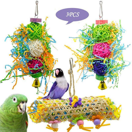 3PCS Bird Parrot Shredding Toys Chewing Foraging Hanging Cage Shredder Bell Toys - Aimall