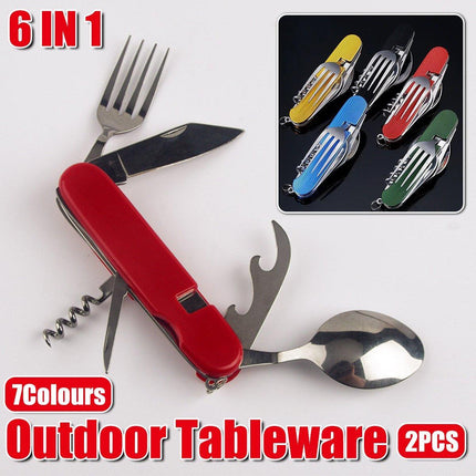 2X 6 in 1 Pocket Hiking Set Tool Fork Spoon Utensil Folding Camping Knife Travel