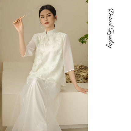 Chic Slant Collar Shirt Women New Traditional Chinese Fashion Style Top Trendy - Aimall