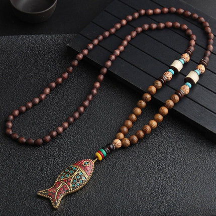 Retro Ethnic Style Pendant Sweater Chain Long Wooden Bead Necklace Fashion