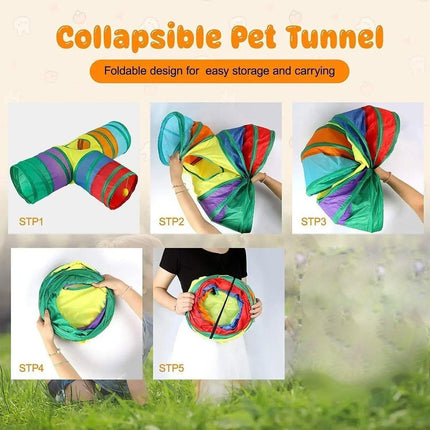 Foldable Rainbow Cat Tunnel Interactive Pet Toy with Tee Shape Fun Play Tunnel
