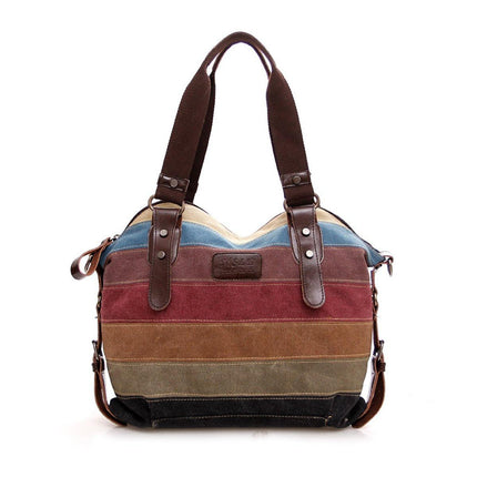 Rainbow Stripe Canvas Bag Patchwork Tote Bag Fashion Handbag Women Shoulder Bag